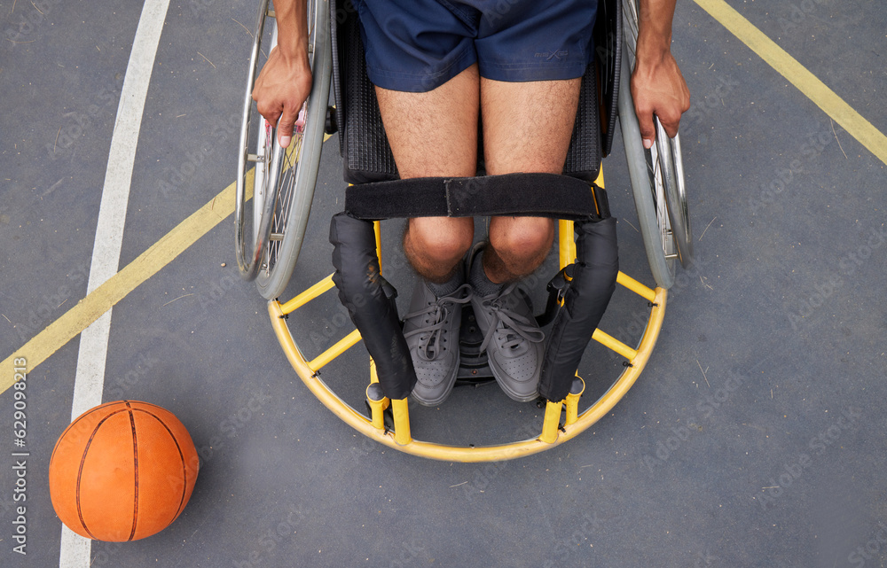 Sports, basketball court and aerial of man in wheelchair for playing game, challenge and practice ou