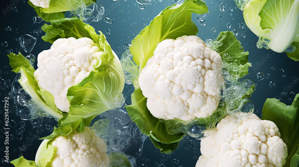 Fresh cauliflowers with water drops background. Vegetables backdrop. Generative AI