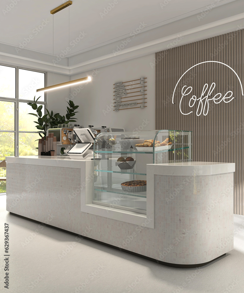 Modern luxury design cafe, mosaic tile white round corner counter, cake display, espresso machine, c