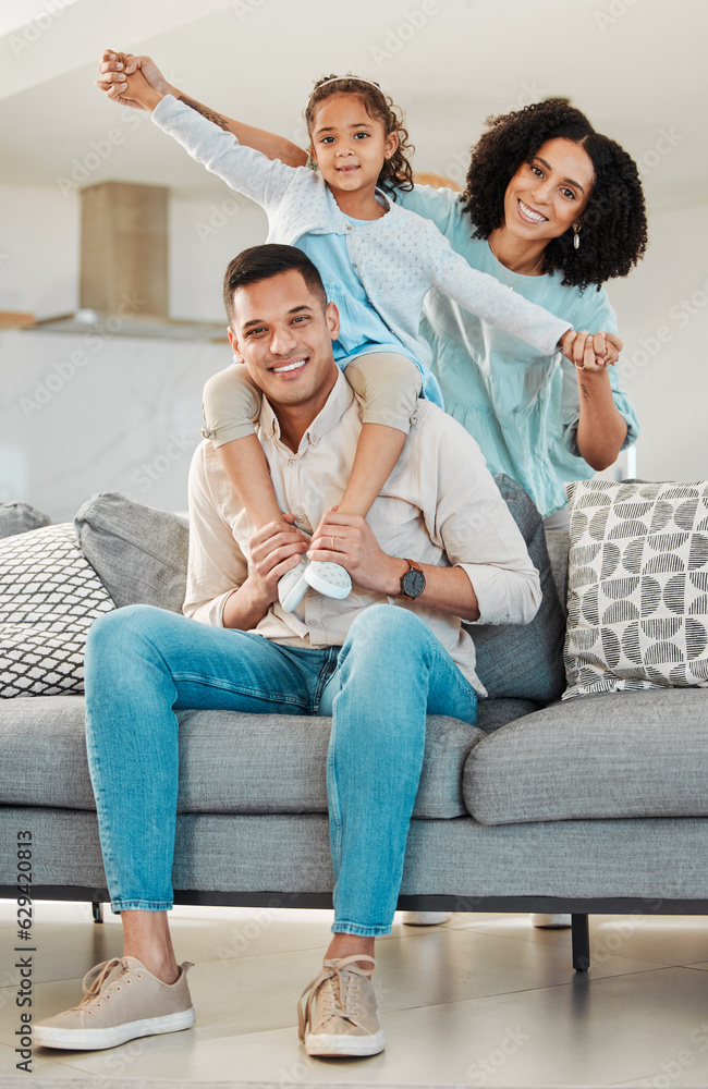 Portrait, smile and family on sofa in home living room, bonding and relax together. Interracial, hap