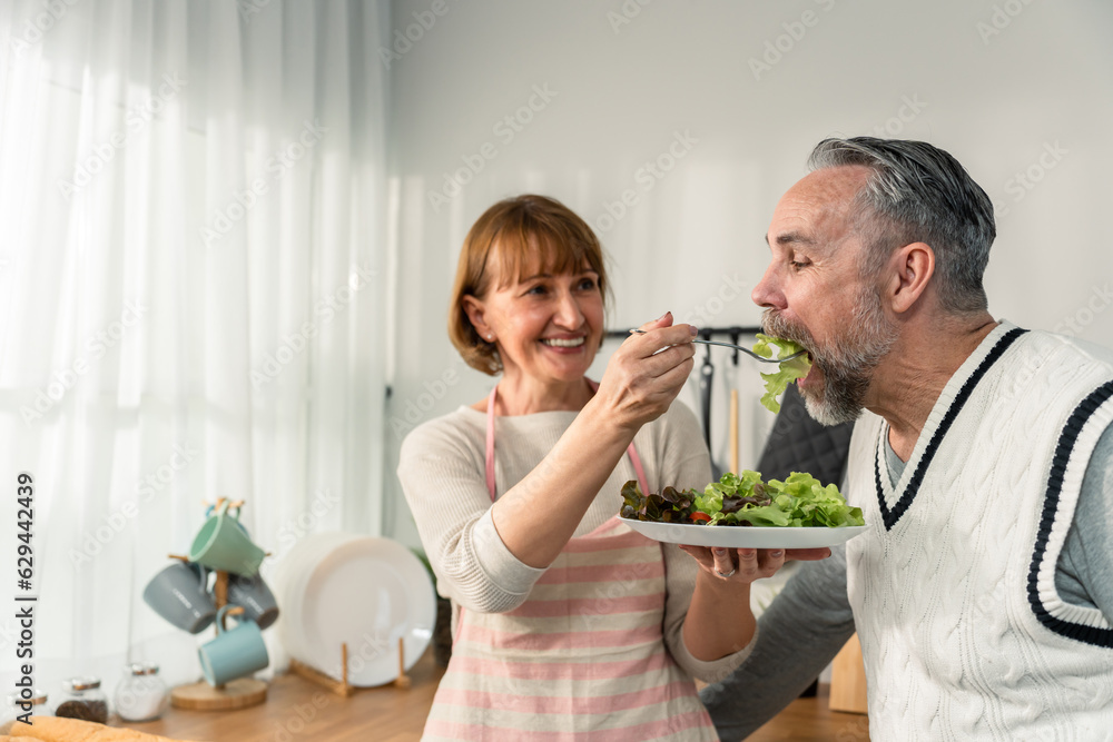 Caucasian senior elderly couple spend time together in kitchen at home. 