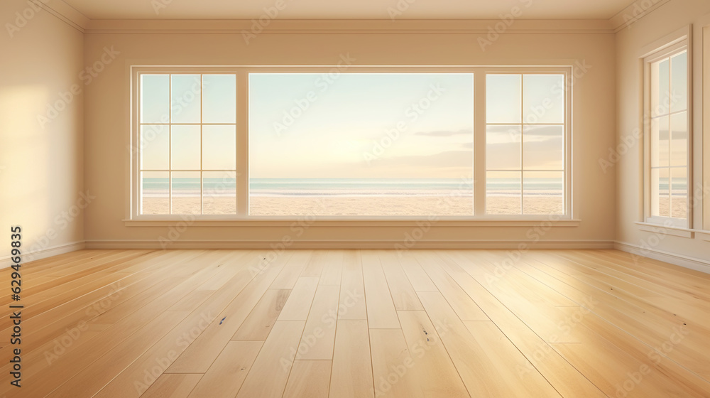 Empty apartment room with wooden floor of beach house. Sea view from windows. Copy space. Generative