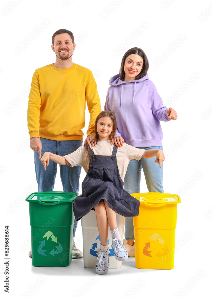 Family pointing at recycle bins on white background