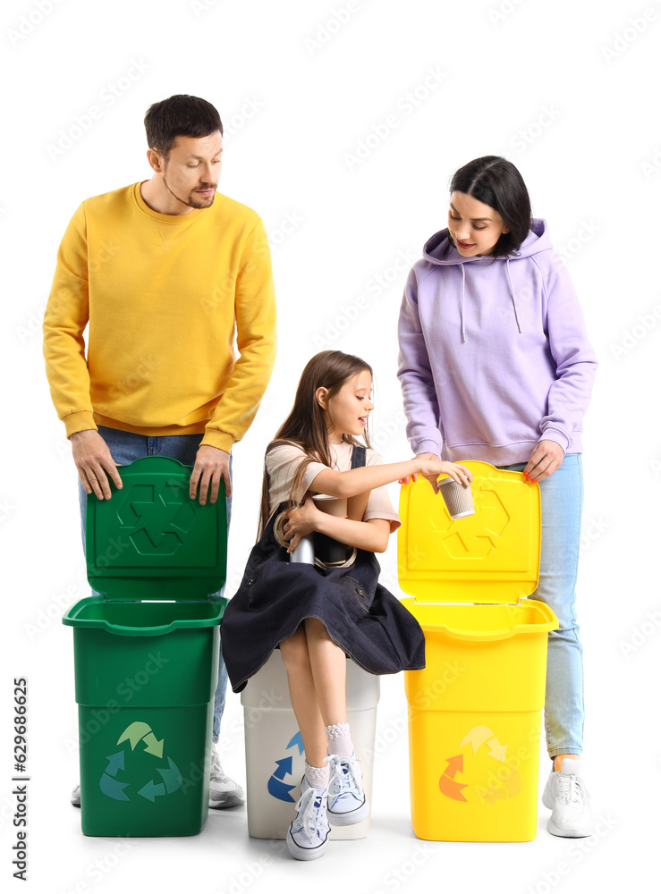 Family sorting garbage in recycle bins on white background