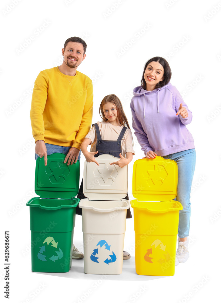 Family pointing at recycle bins on white background