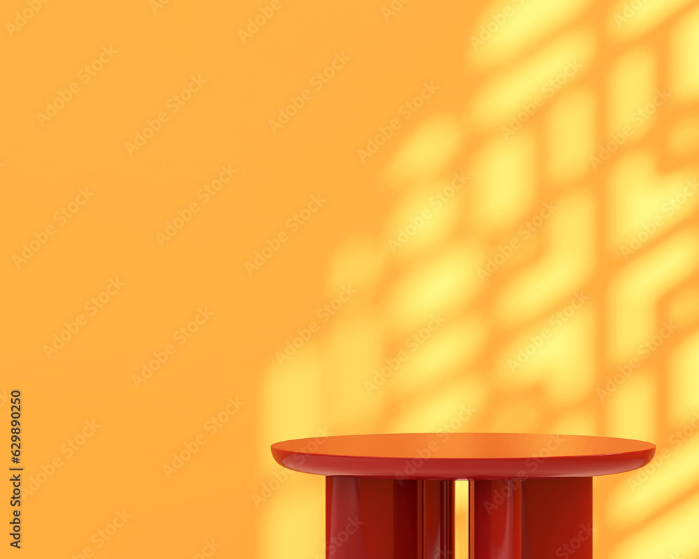 Red round pedestal side table podium in sunlight, Chinese window grill shadow on blank yellow wall. 