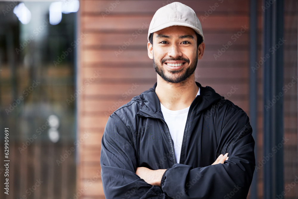 Portrait, arms crossed and asian man courier outdoor for delivery and service with a smile. Face, pr