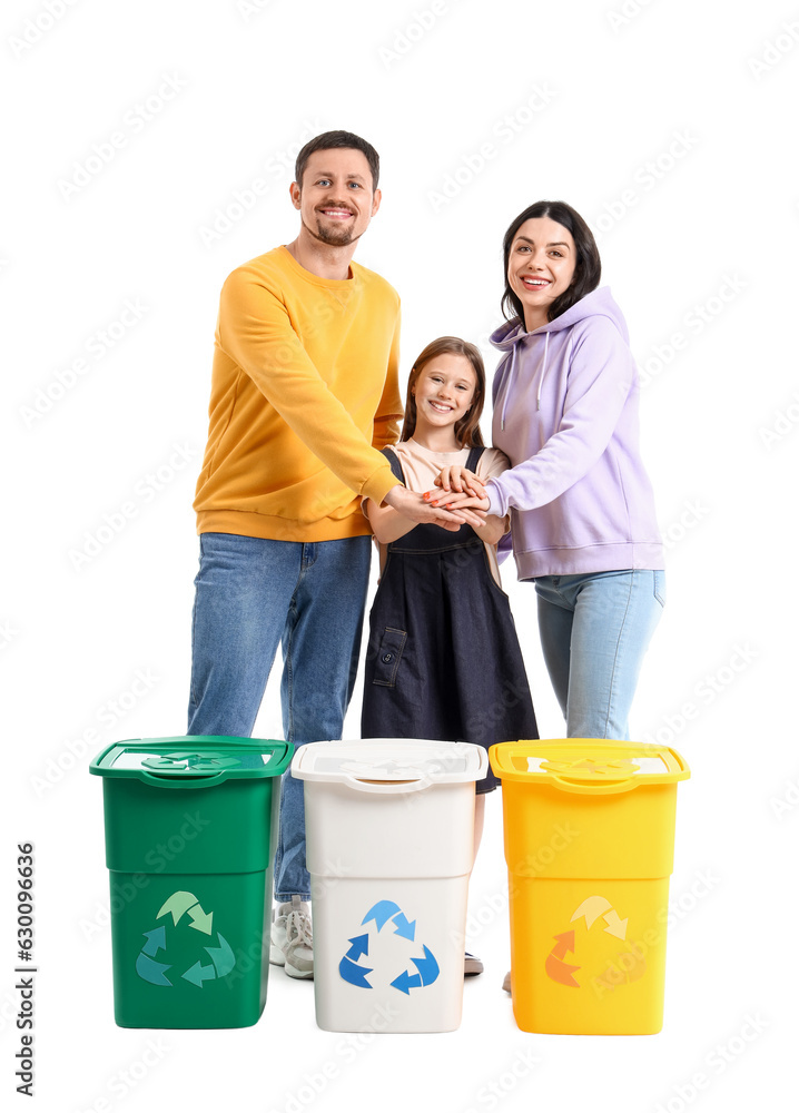 Family with recycle bins putting hands together on white background