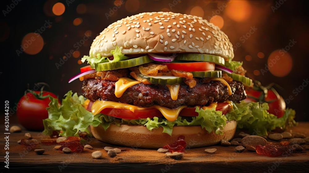 hamburger full of meat and vegetables and melted mayonnaise on a wooden table and blurred background