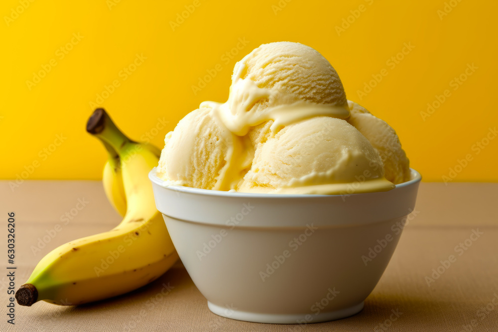 Two scoops of ice cream in white bowl next to banana.