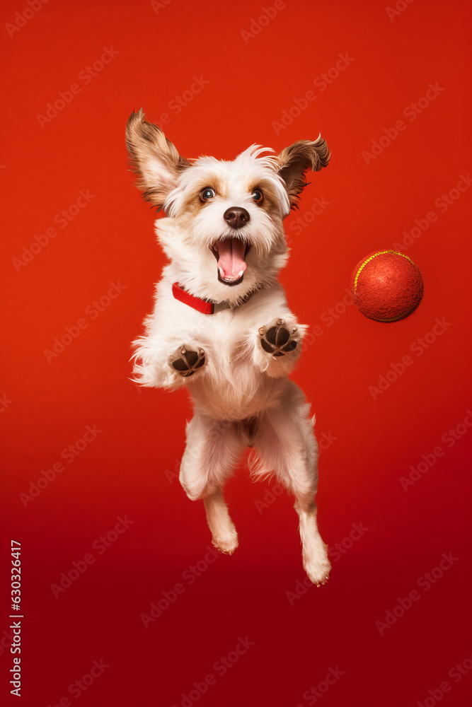 Small white dog jumping in the air with red ball in front of him.
