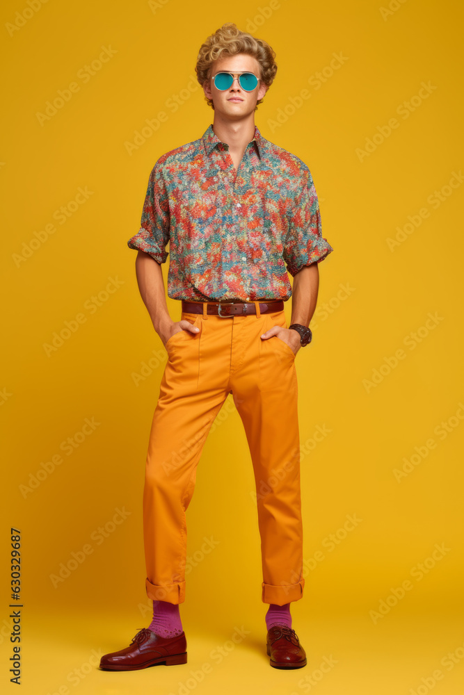 Man standing in front of yellow background wearing colorful shirt and orange pants.