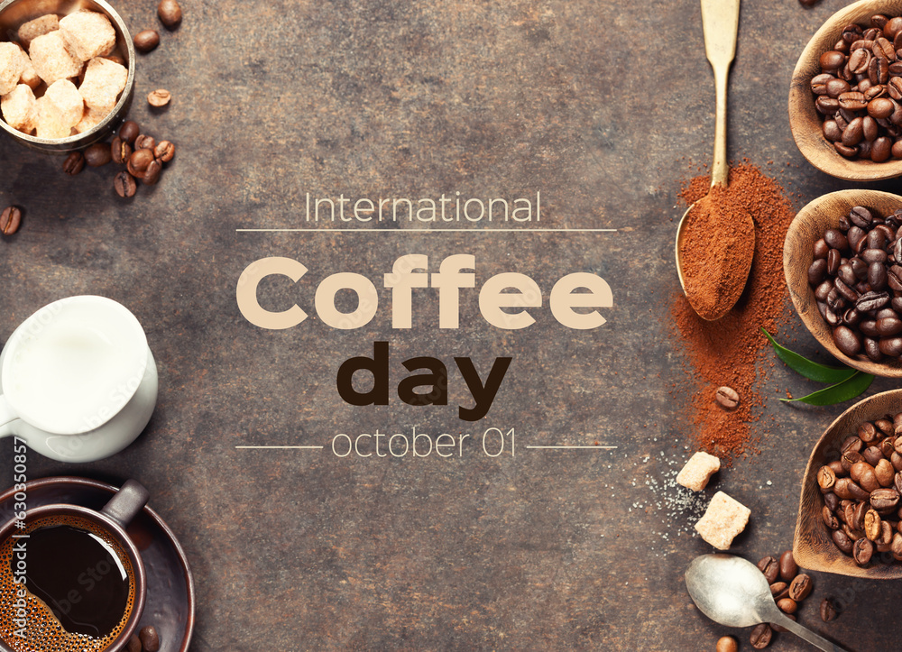 Fresh Coffee and coffee beans on dark background, international coffee day concept