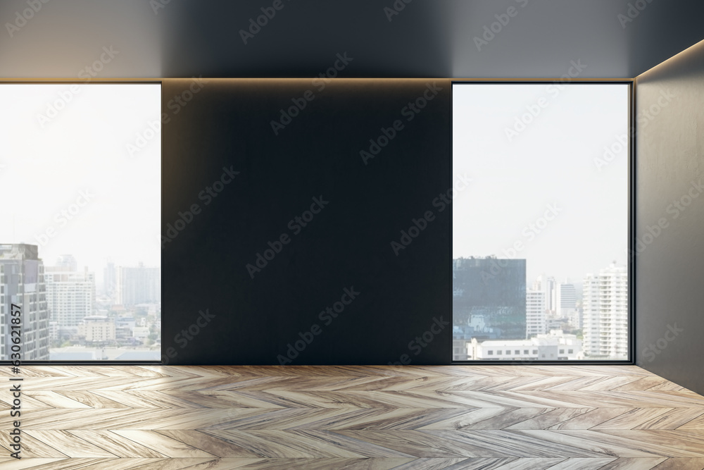 Clean gallery interior with panoramic windows, wooden flooring, city view and empty mock up place on