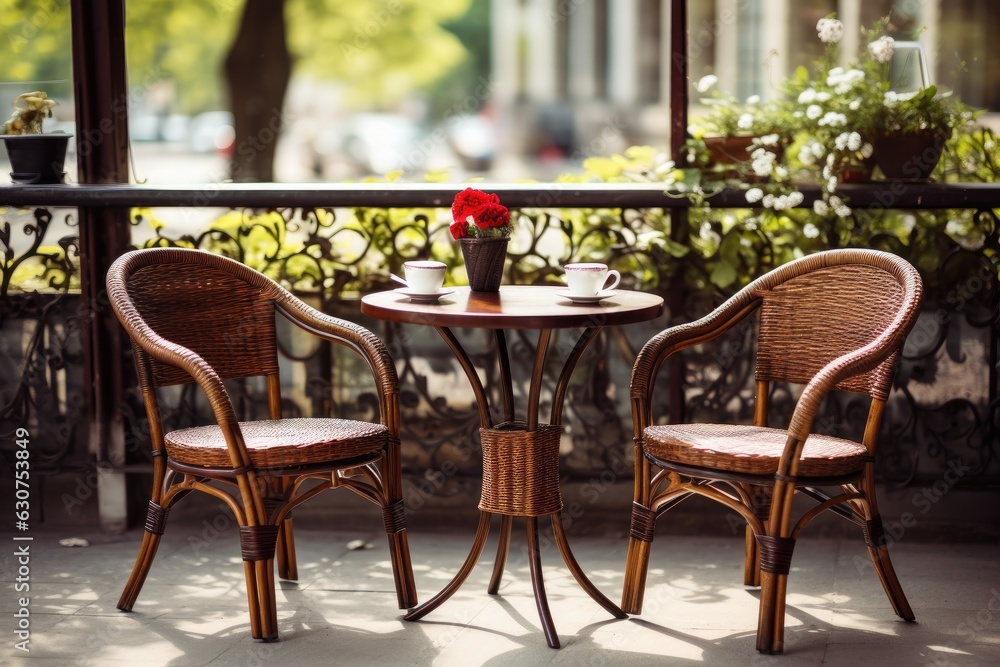 Wicker chairs and a metal table in an outdoor summer cafe