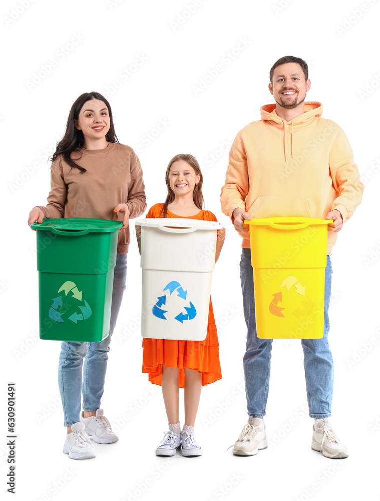 Family with recycle bins on white background