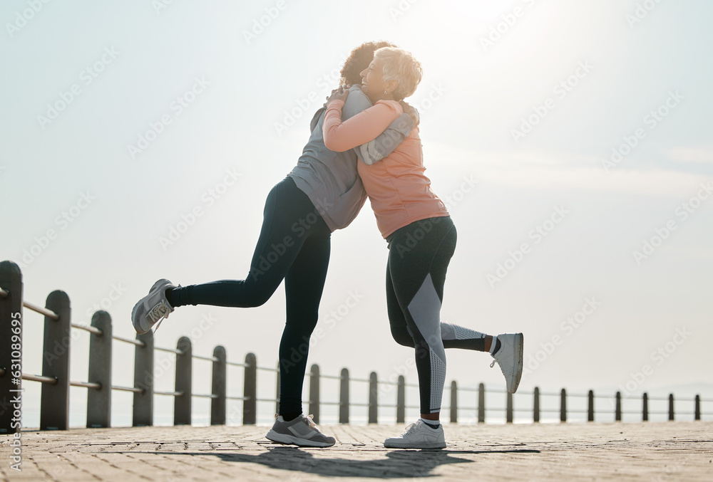 Running, hug and women by sea and ocean with love and care for fitness and exercise. Athlete, wellne