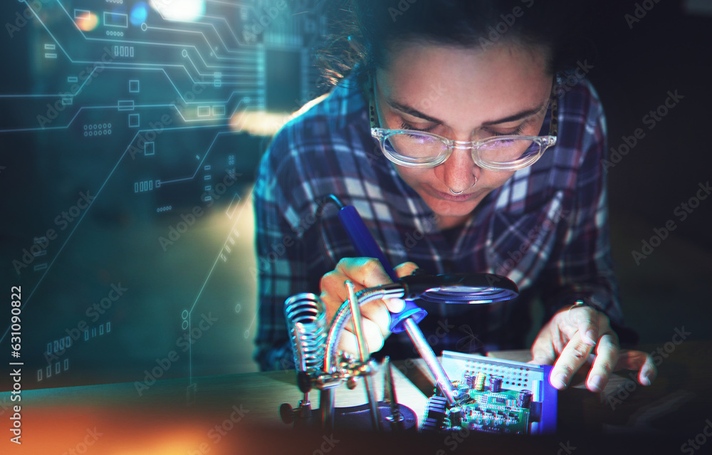 Woman, engineer and motherboard with microchip, electronics or soldering iron with holographic overl