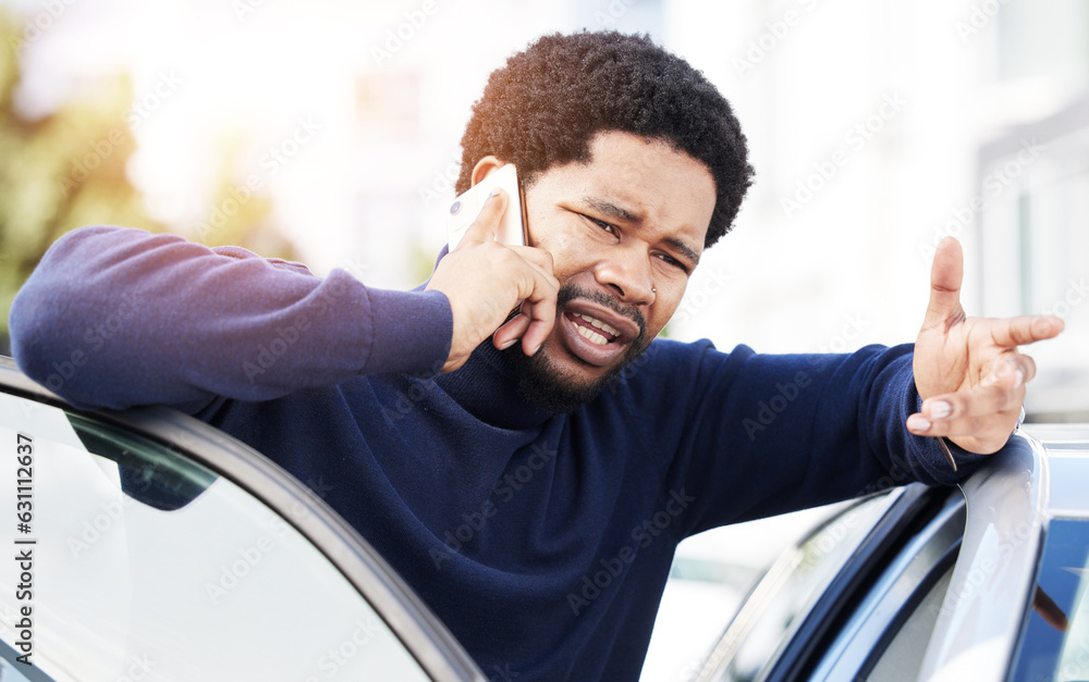 Phone call, vehicle breakdown and a frustrated black man talking to roadside assistance with an issu