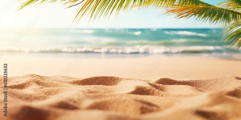 Beautiful background for summer vacation and travel. Golden sand of tropical beach, blurry palm leav