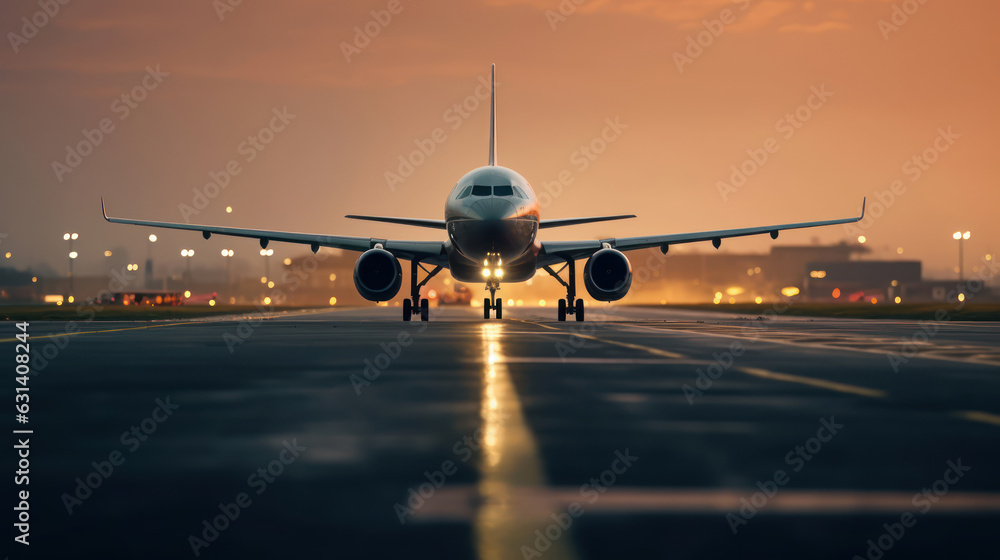 An airplane prepares for departure at the airport at sunset 