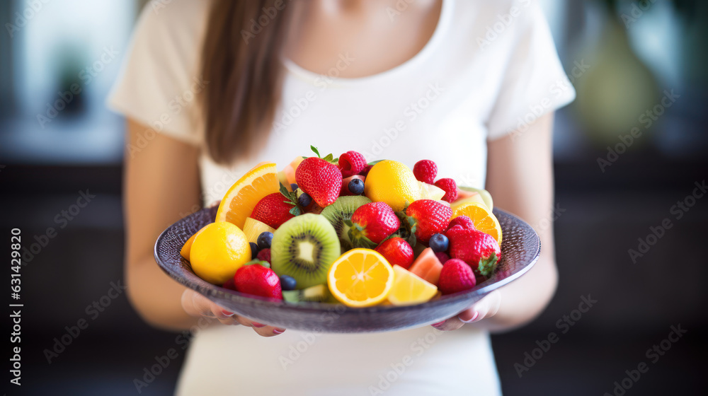 A woman holds a plate of fruits and berries in her hands