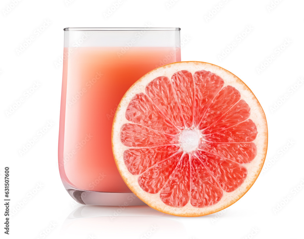Fresh grapefruit juice in a glass and a slice of pink grapefruit isolated on white