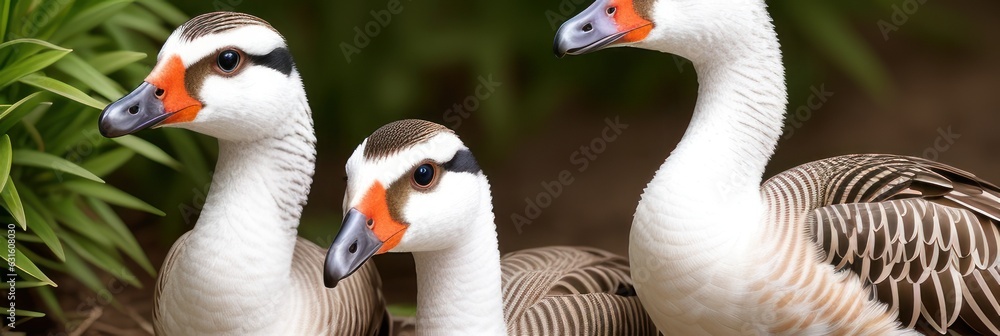 Portrait of group of white geese on a bright sunny vegetable background. Domestic goose, Anser cygno