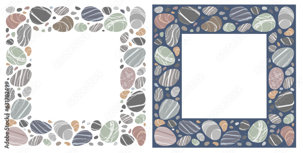 Set of square frame with beach pebbles or sea stones in various shapes. Border with striped textured