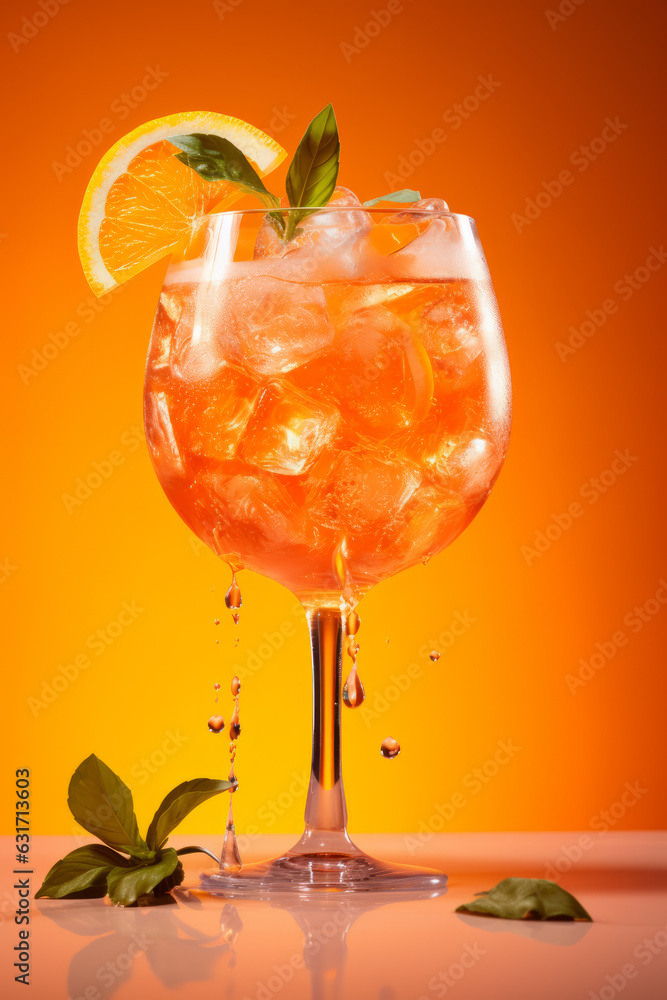 Glass of Aperol spritz cocktail on orange background