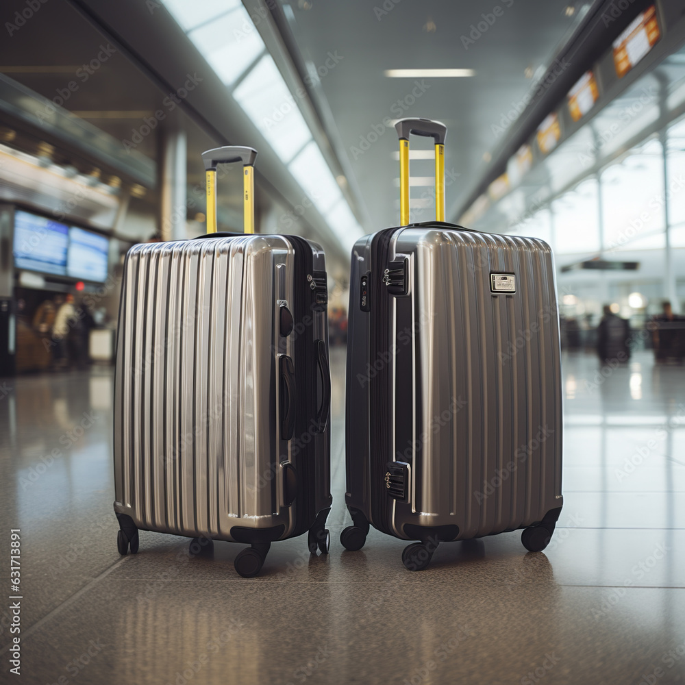 Two stylish suitcases standing in airport hall, travel and vacation concept