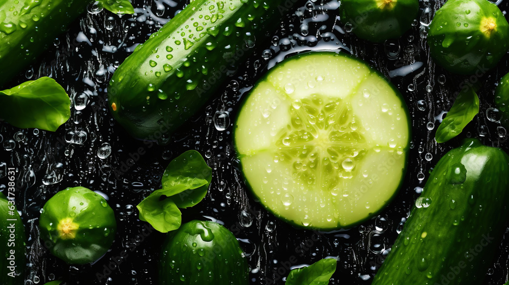 Freshgreen zucchini or courgettes with water drops background. Vegetables backdrop. Generative AI