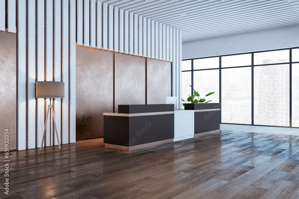 Modern wooden and concrete office lobby interior with reception desk, panoramic window with city vie