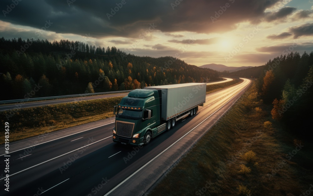 A semi truck drives along the highway , carrying vital freight to businesses and consumers