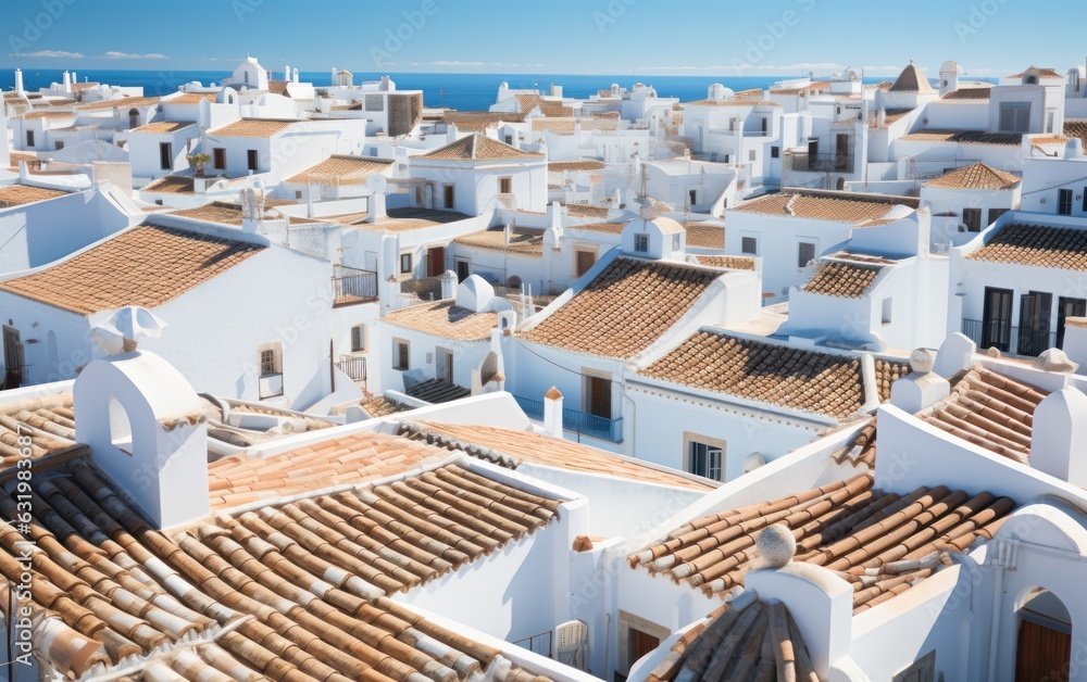 Aerial panoramic view of rooftops of white houses.