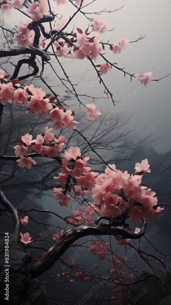 sakura branches on the background of foggy hills.