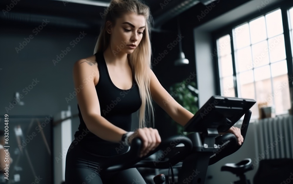 Focused young woman tackles fitness training on digital bike
