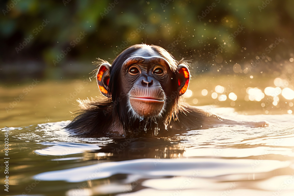 Stunning realistic capture of a playful chimpanzee immersed in bath, exuding an aura of relaxation a