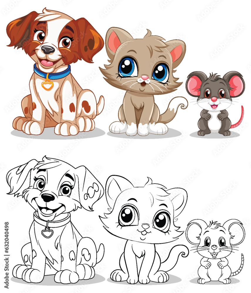 Playful Animal Friends with Cute Cartoon Dog, Cat and Mouse