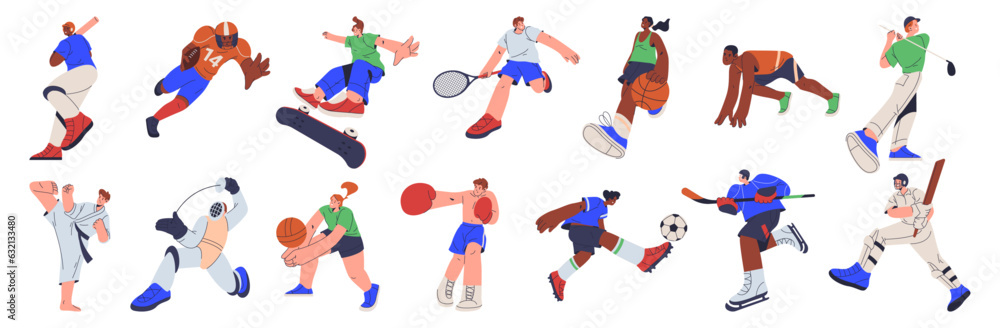 Professional sports people training and working out. Football and basketball, volleyball and tennis,