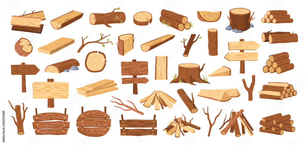 Wood tree logs, stumps and trunks, wooden pieces flat cartoon vector illustration. Lumber and firewo