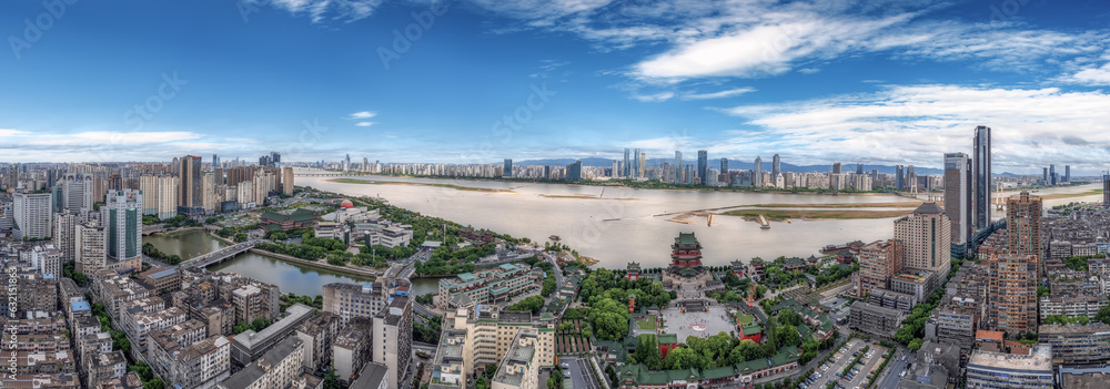 Aerial photography of the architectural landscape skyline on both sides of the Ganjiang River in Nan