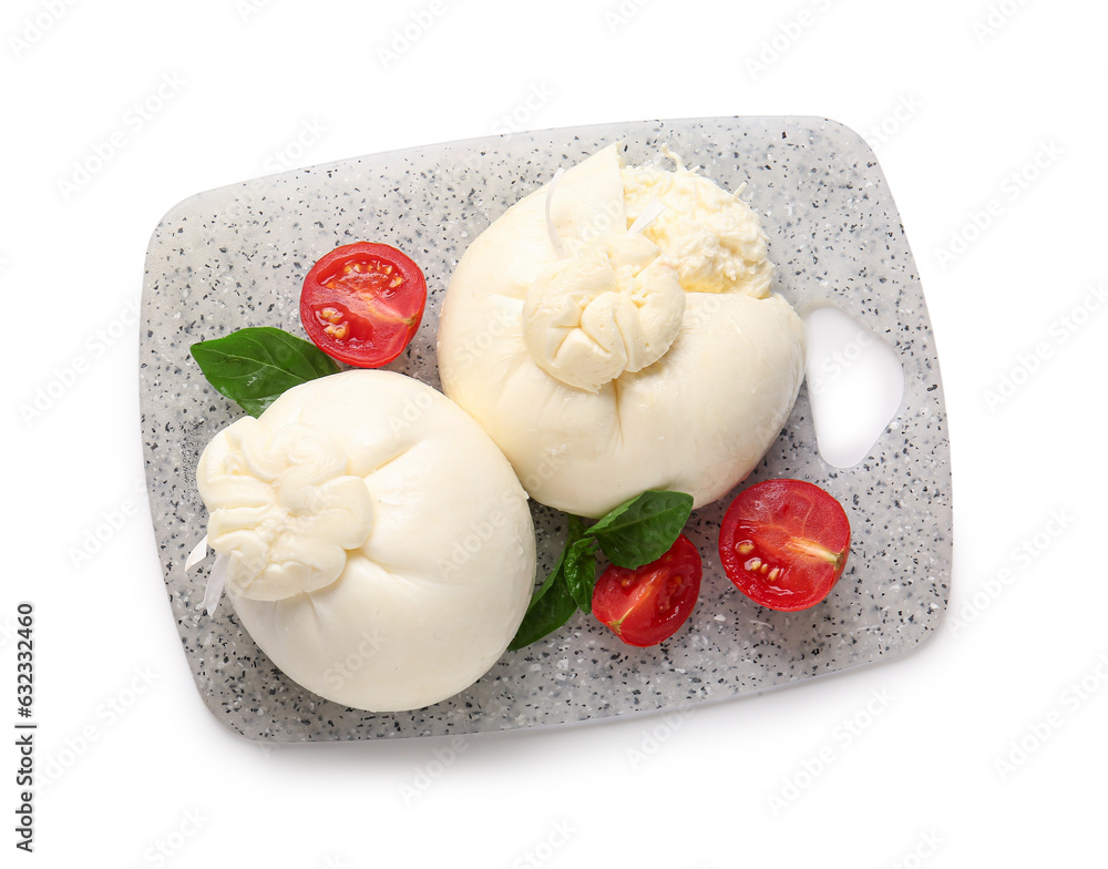 Board with tasty Burrata cheese on white background