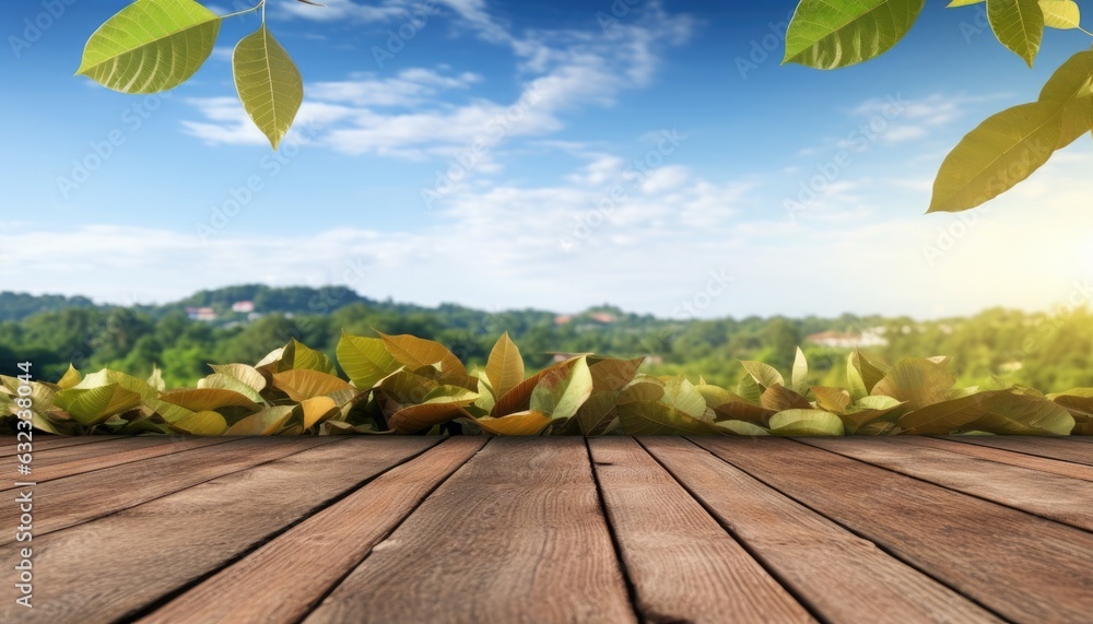 Wooden table covered with leaves over beautiful scenery farmer field background and cloud blue sky.