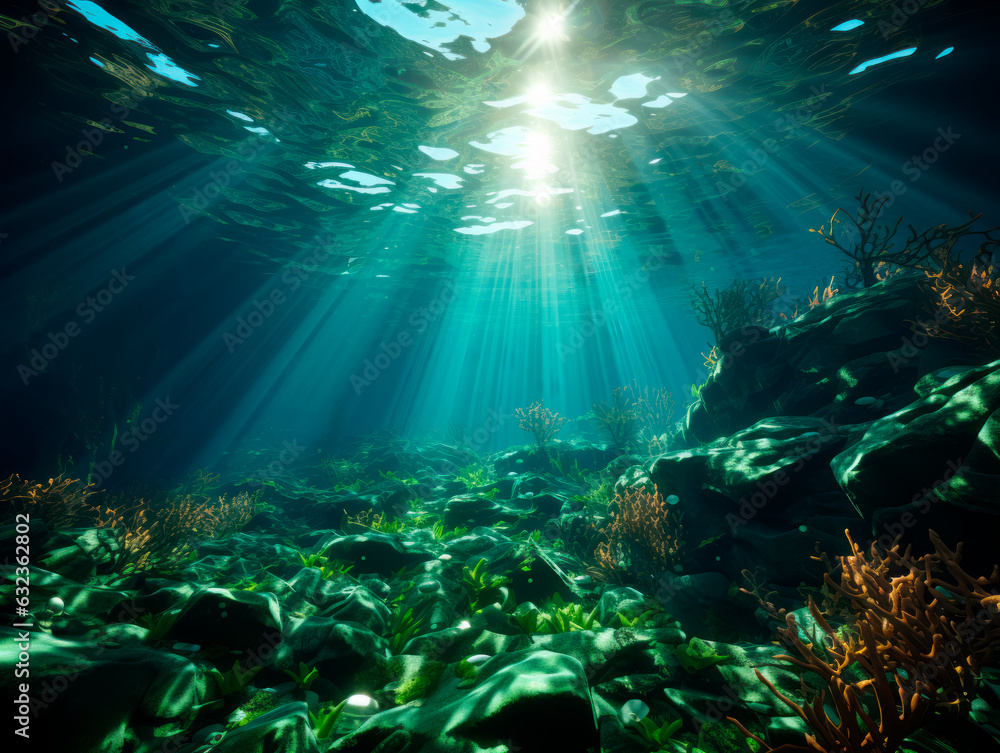 Underwater view of the coral reef with sunbeams and rays. Generative AI
