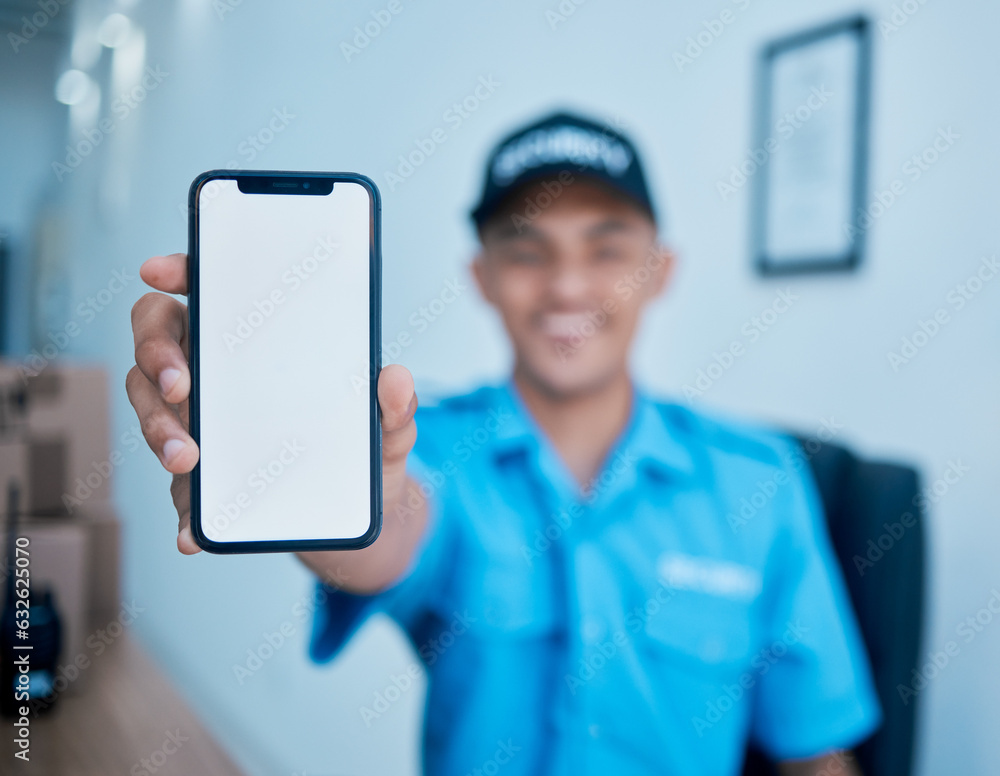 Security guard man, hand and blank phone screen for mockup space for cctv system promo, smile or aut