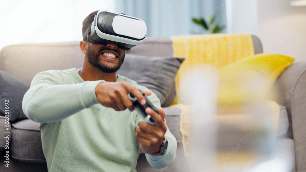 Vr, gaming Indian man in virtual reality in home on sofa in living room, laughing and having fun. 3d