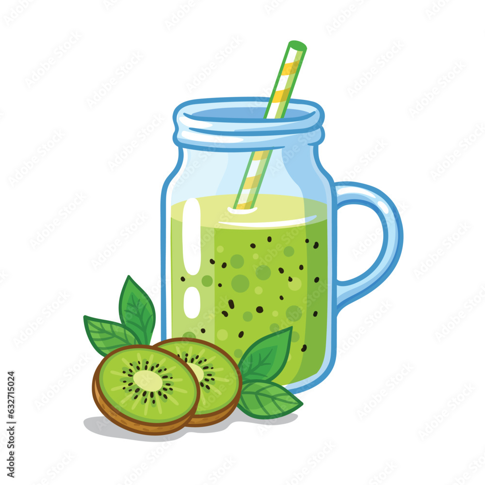 Kiwi juice in a jar with a straw stands on a white background. Vector illustration with kiwi fruit.