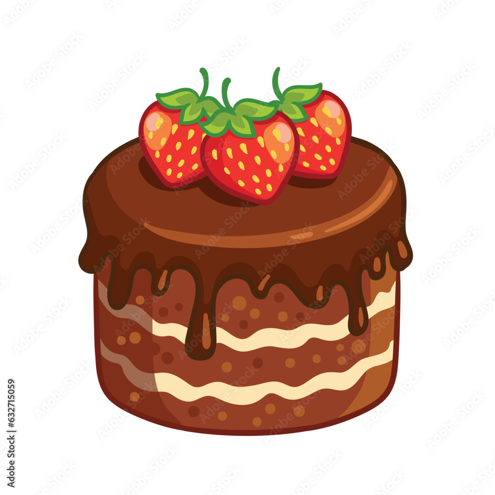 Chocolate brownie with strawberries on a white background. Vector illustration with dessert.
