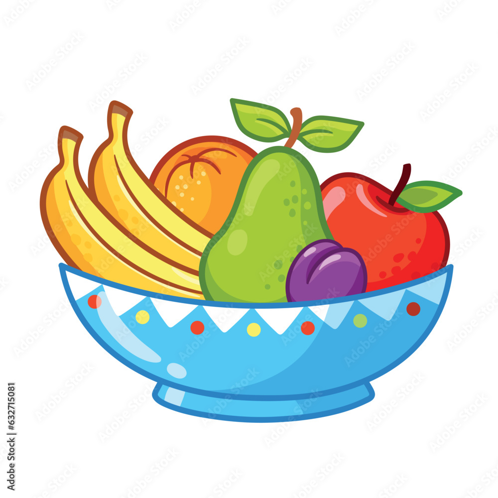 Plate with fruits on a white background. Vector illustration with banana and pear
